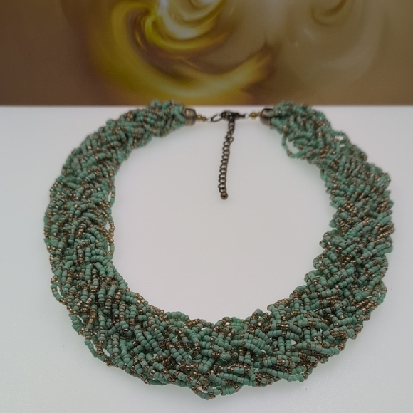 Sage Green Beaded Collar Necklace with Intricate Braiding - Picture 1 of 4